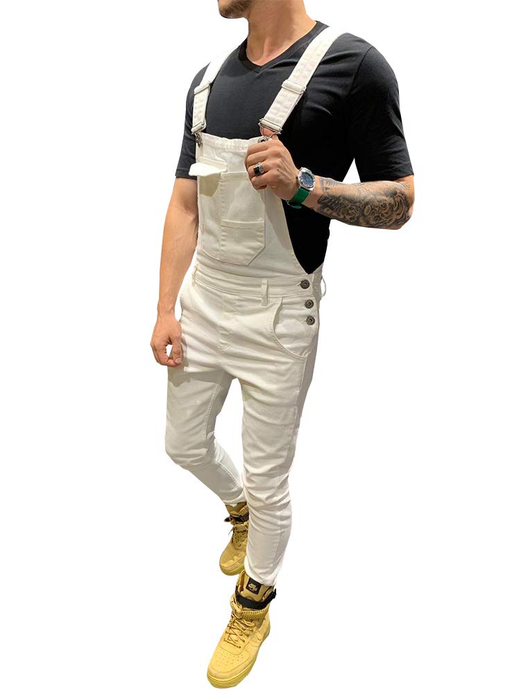 LONGBIDA Men's Denim Bib Overalls Women Fashion Slim Fit Jumpsuit with Pockets(White,L) - Image 2